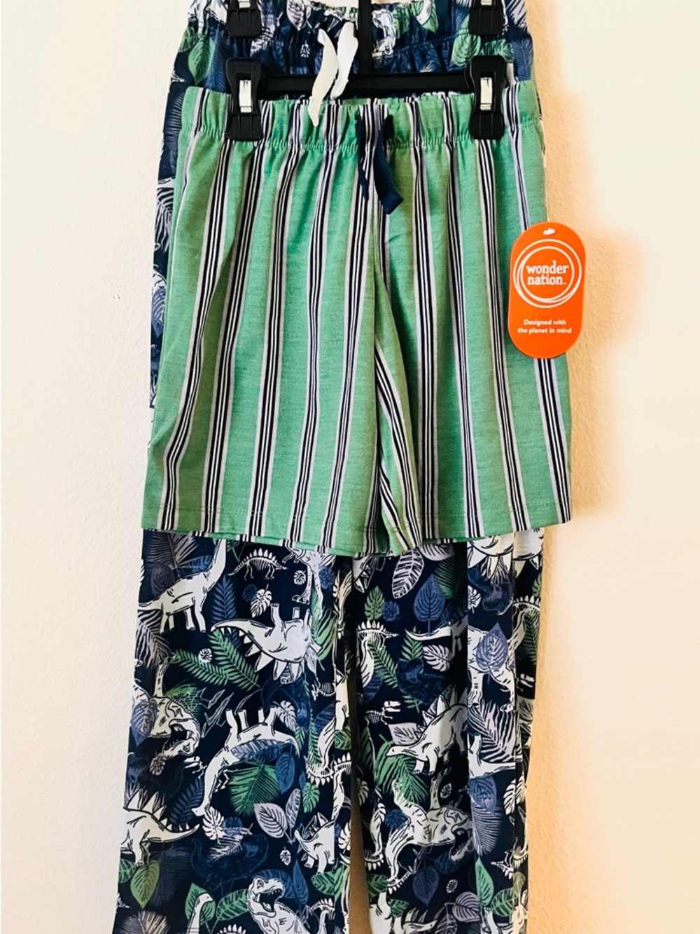 Wonder Nation Green Stripe & Dinosaurs 2 Piece Kids Pajama Set Shorts/Pants SzS